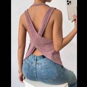 Solid Waffle Knit Tank Top Dusty Purple Criss Cross Backless Asymmetrical Large